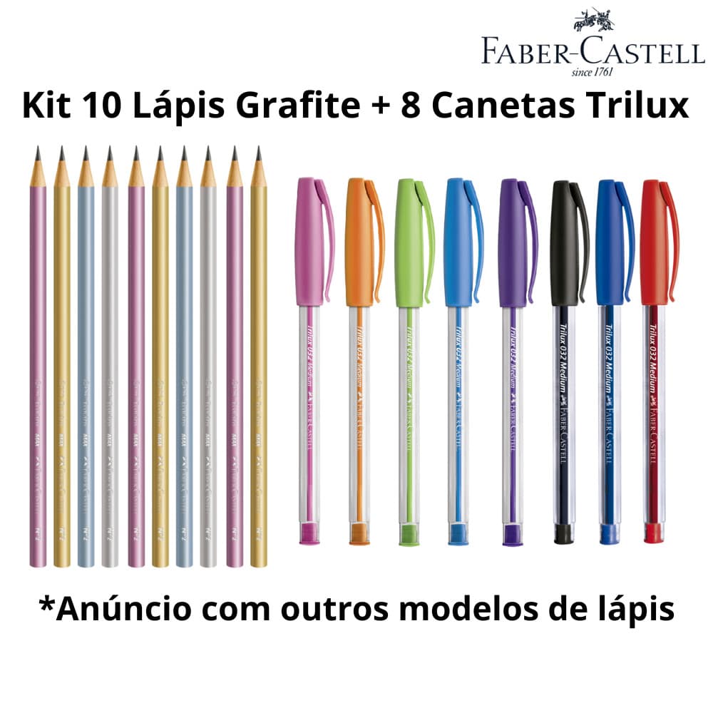 Kit 10 Lápis Grafite + 8 Canetas Esferográficas Trilux Faber Castell