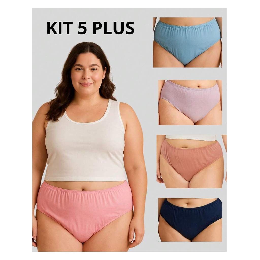 Kit 5 Calcinhas Plus Size 100% Algodão Hipoalergênica Cós Alto Confortável Tanga Respirável Não Marca Calçola Hospital