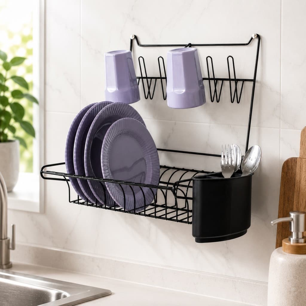 Escorredor Suspenso Parede para Cozinha Dobravel Porta Talher 12 Pratos 6 Copos Preto Resistente em Aço Envio Imediato