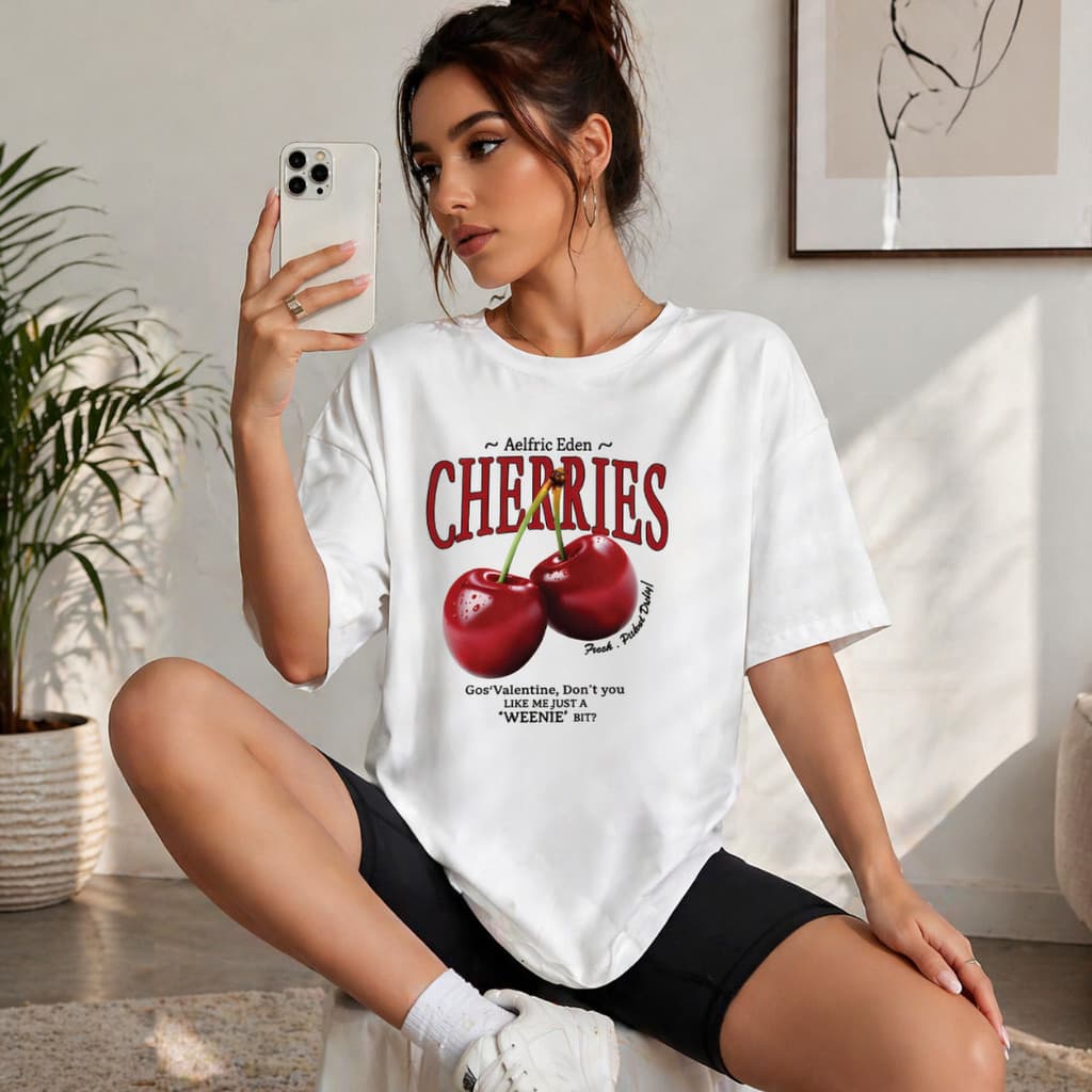 Camiseta Feminina Estampada Cherries Tshirt Camiseta 100% Algodão Premium Camisa Modinha