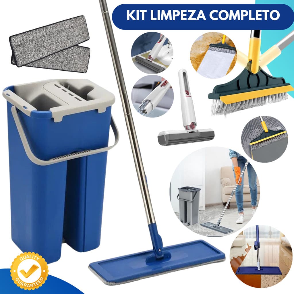 MOP Profissional Limpeza Completa Balde Lava e Seca + Escova Rodo Multiuso 2x1 + Mini MOP