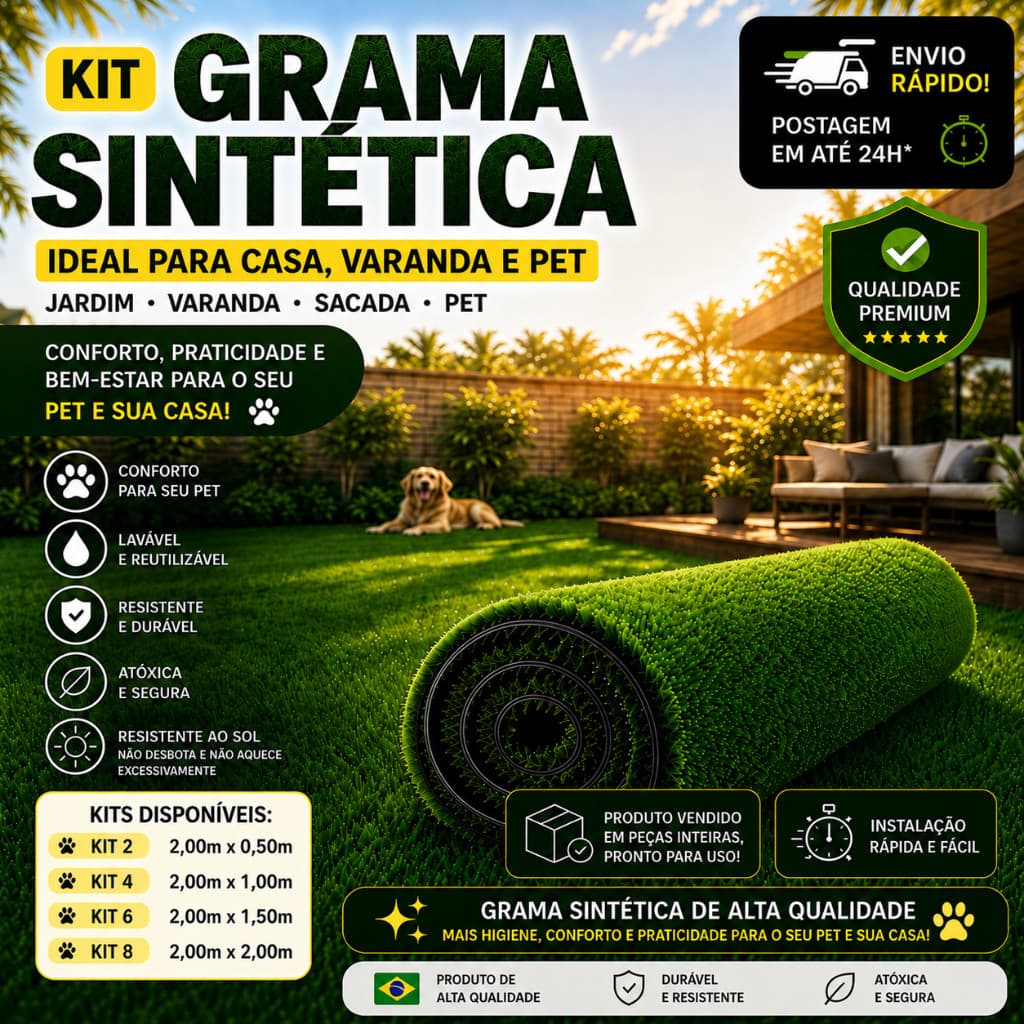 Kit Grama Sintética 1/2/3/4m² 12mm Jardim Varanda Decoração Área Externa Pet Sacada Gourmet