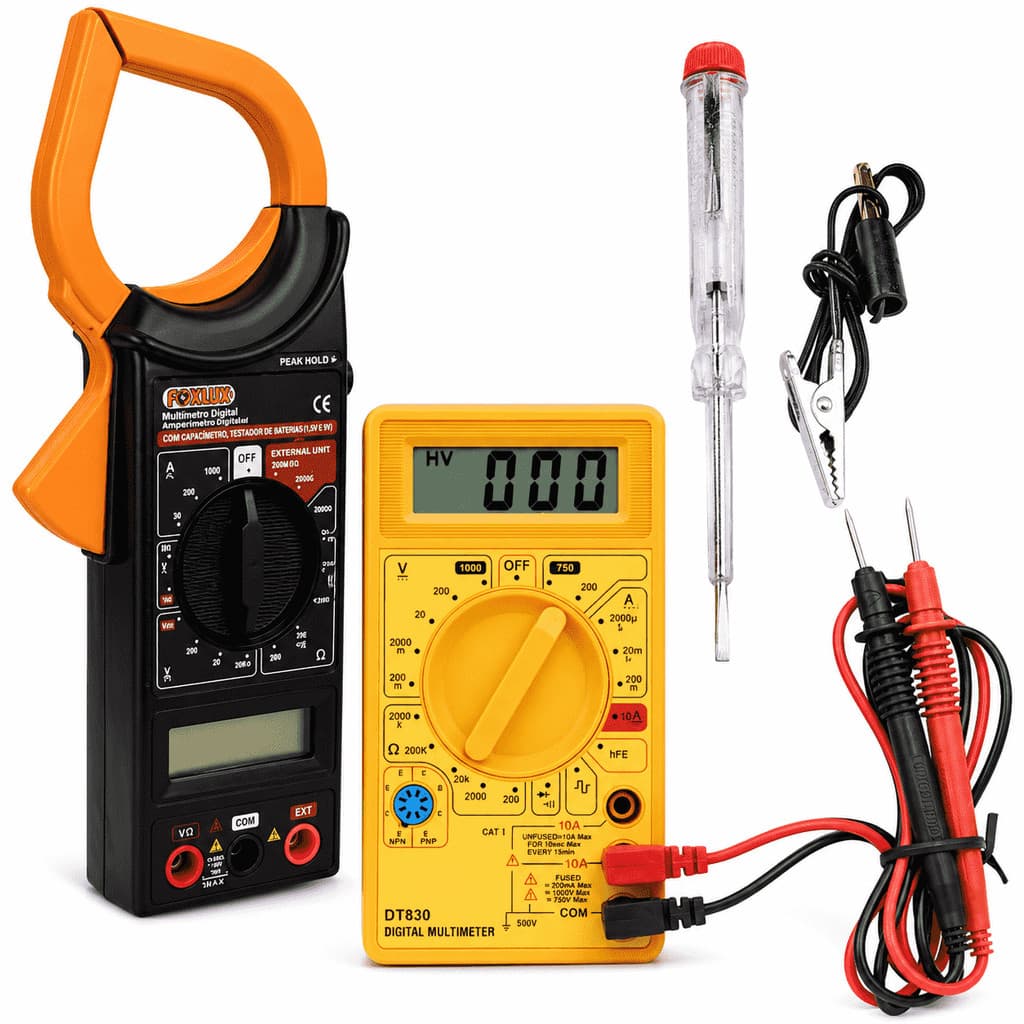 Kit Multimetro Digital Com Display Alicate Amperimetro Medidor  + Caneta De Tensão isoladas 1000v