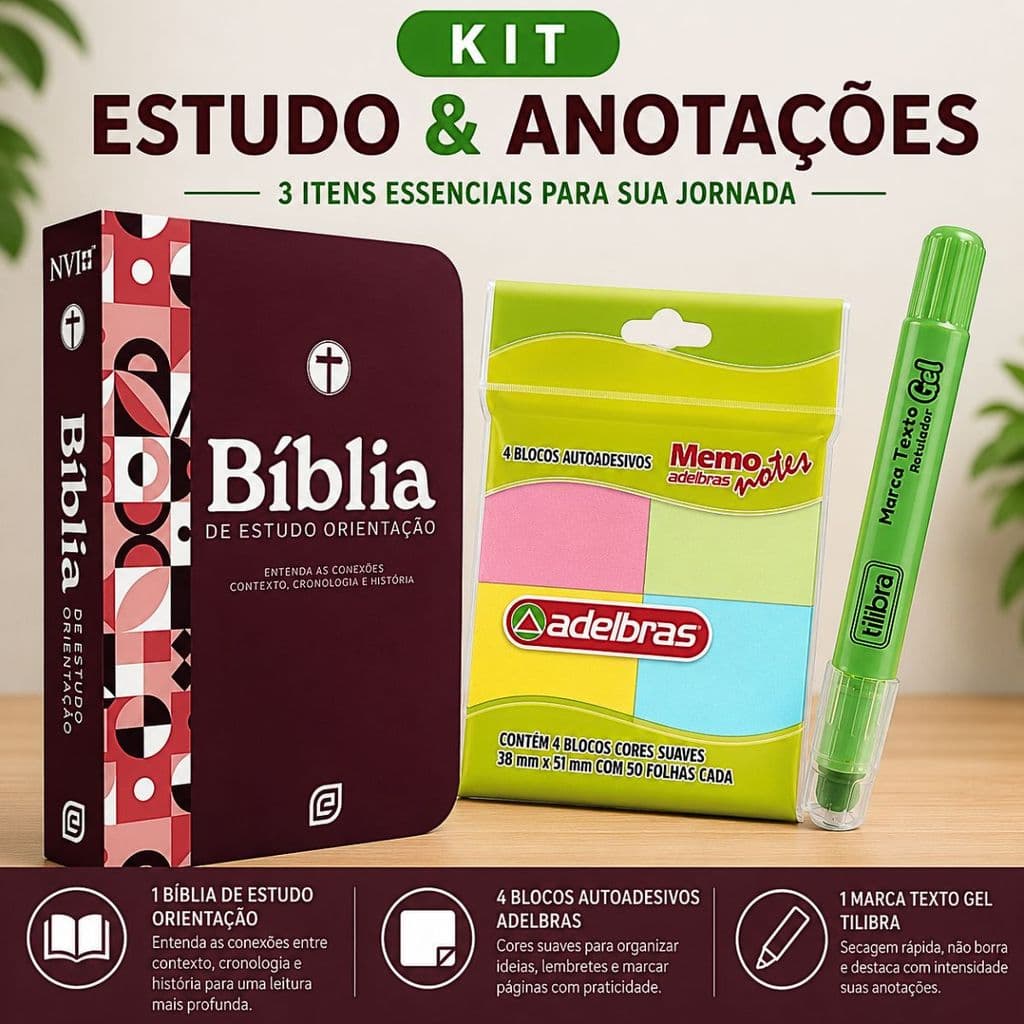 Kit Bíblia De Estudo Orientação + Bloco Adesivo + Marca Texto