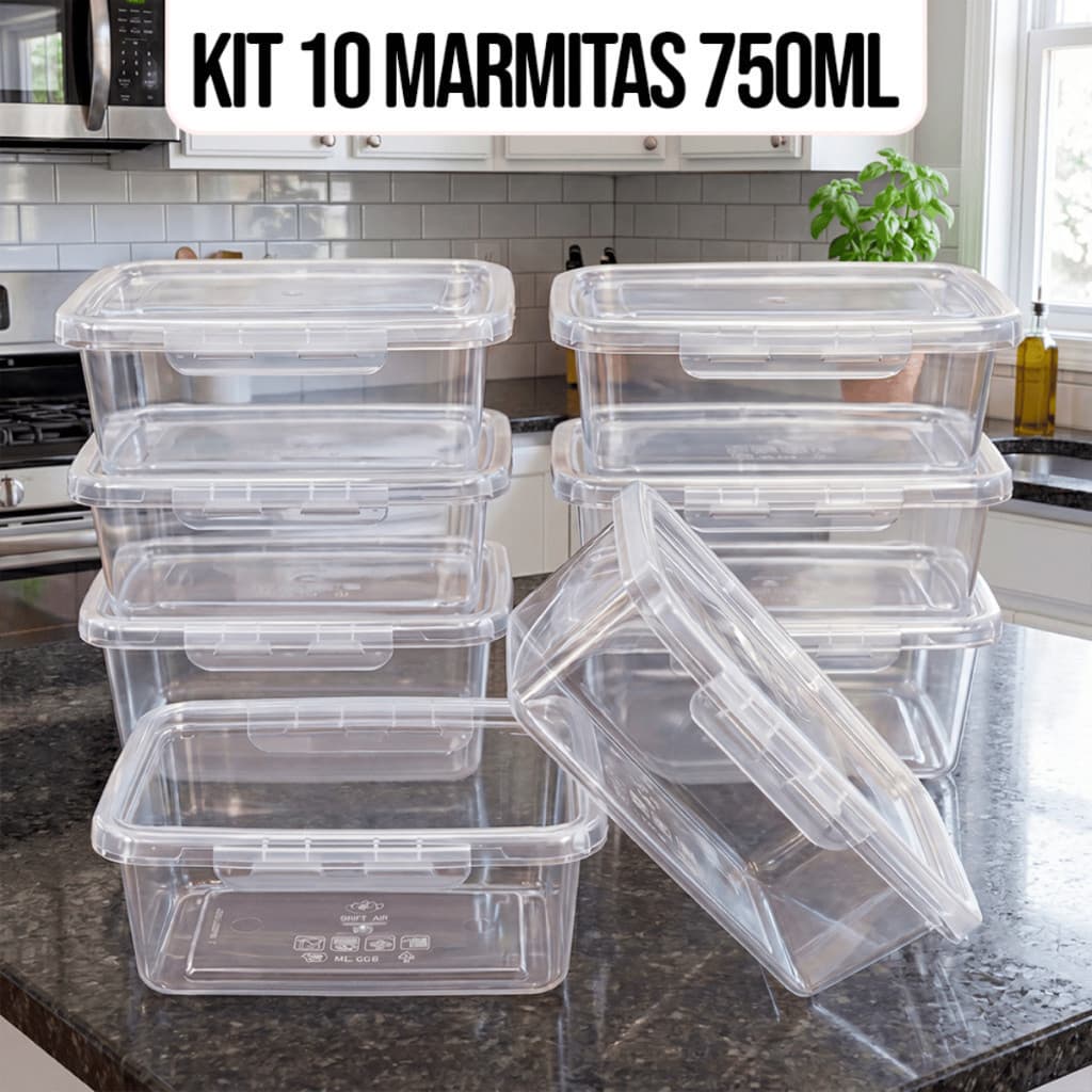 Kit 10 Marmitas Potes 750ml Travas Laterais hermeticas  Livres de BPA Alimentos organiza congelador - KAZIVA