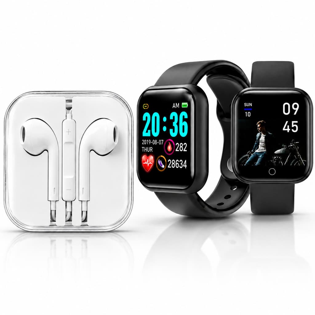 Kit Smartwatch Relógio Inteligente Tela Touch + Fone De Ouvido Branco Com Fio Para Celular Esportivo