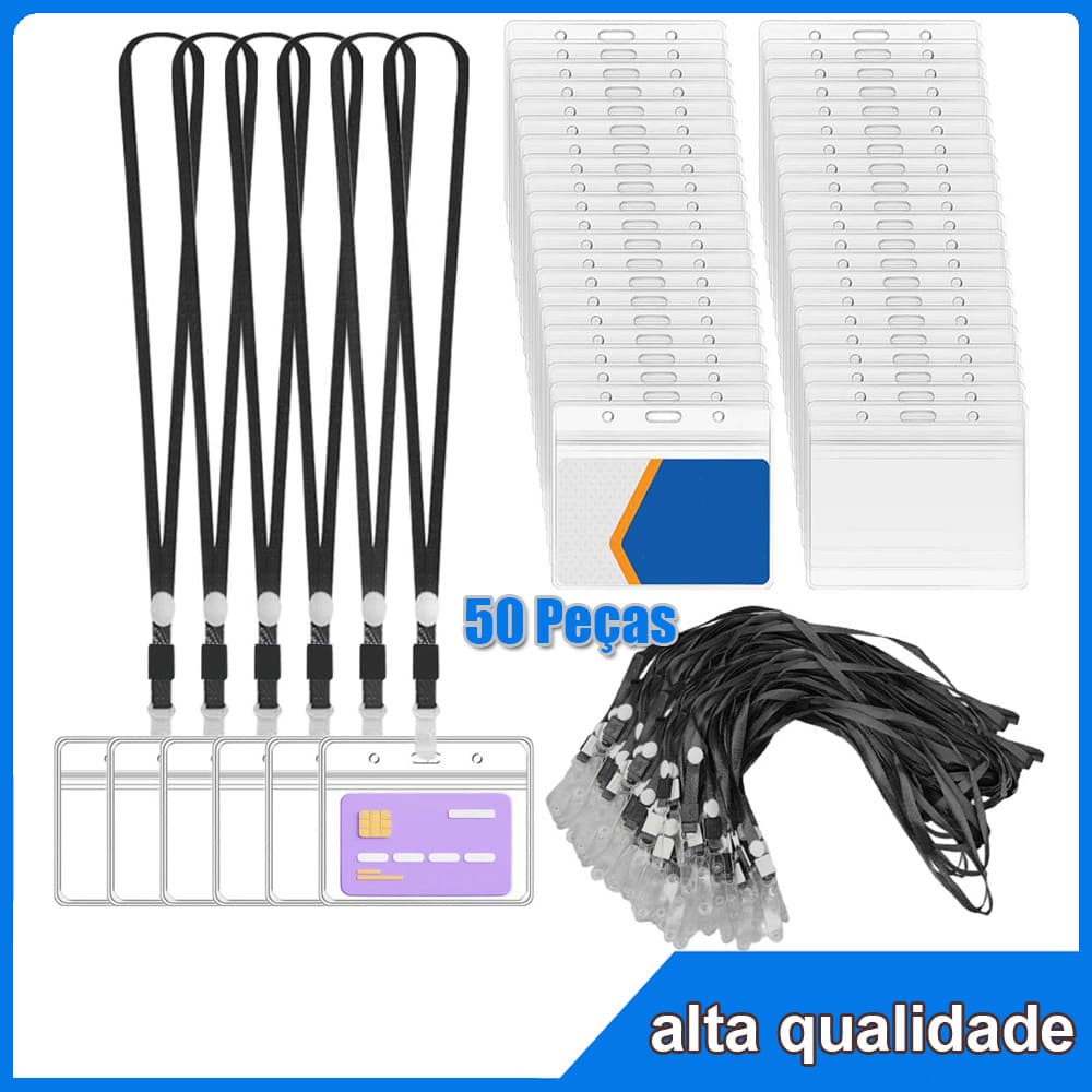 50 porta-crachás horizontal porta-cartões de identificação com preto cordão de protetora de crachás impermeável