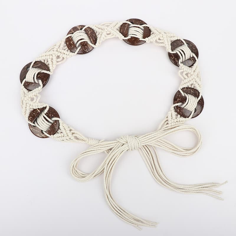 Estilo étnico tecido versão larga cinto de casca de coco feminino Retro nicho Design corda de cintura com vestido Jeans