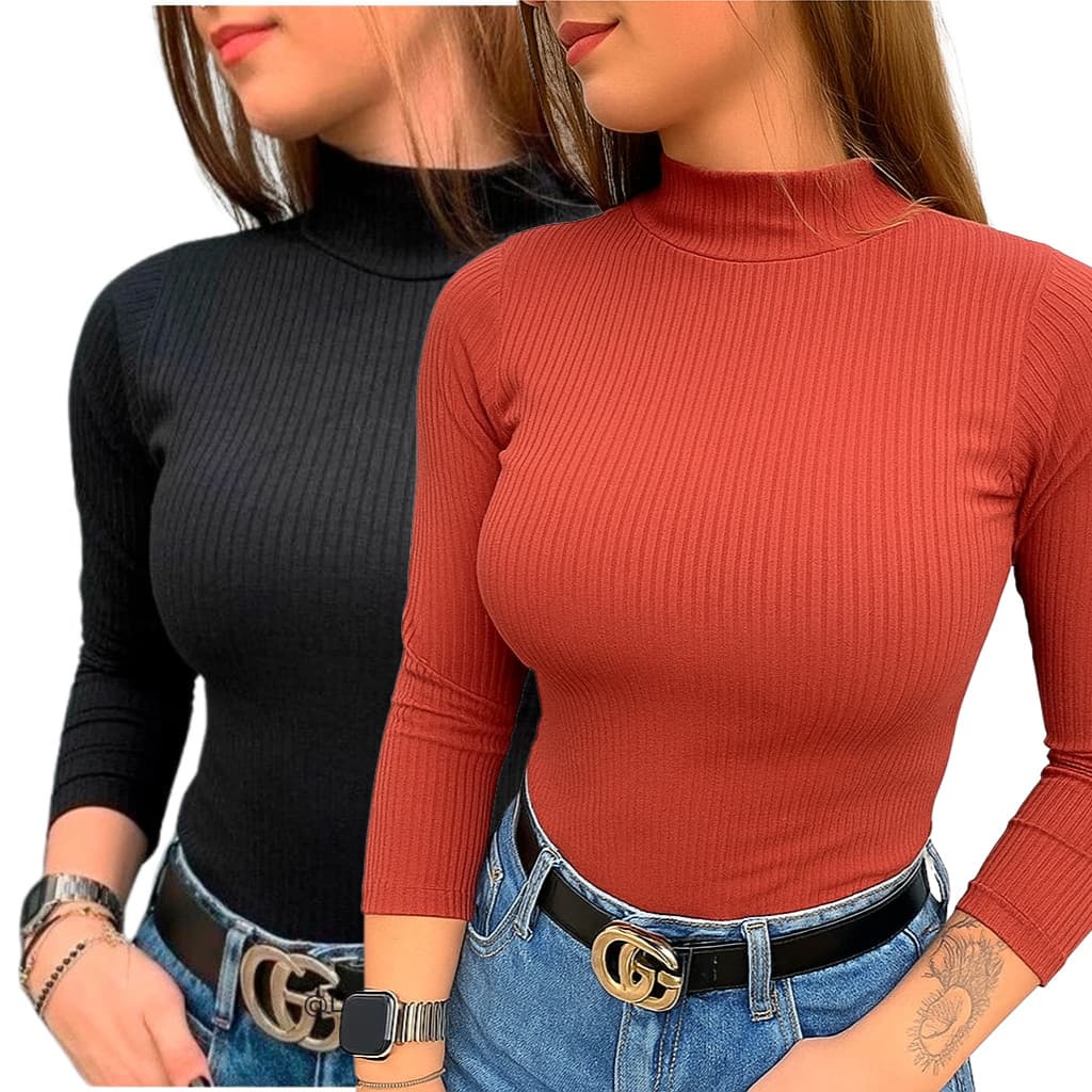 Kit 2 Blusa CACHARREL Gola Alta Feminina Modelo CANELADO, Moda Outono Inverno
