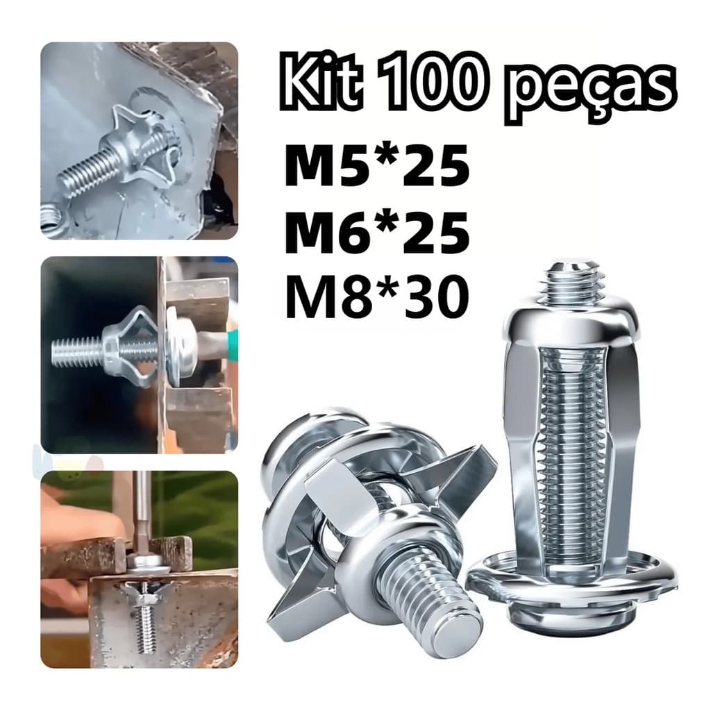 Kit 100 Grampos Rebite de Expansão Metal Aço M8/M6/M5 x 25 mmFixação Segura Profissional