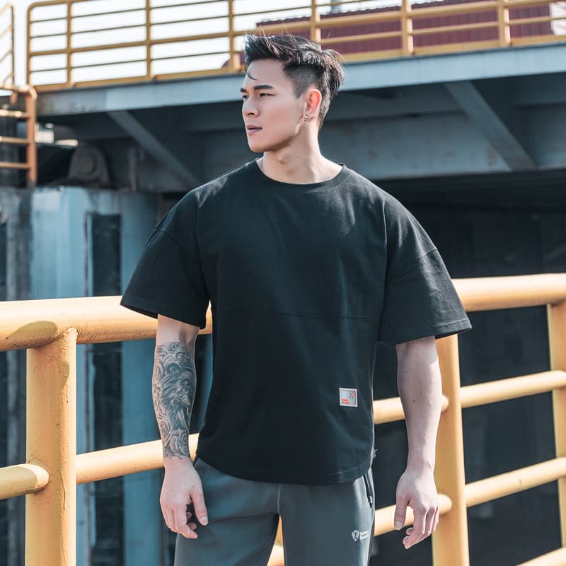 Roupas de Fitness muscular masculinas Plus Size esportes de manga curta solta roupas de treinamento cão irmãos meia mang