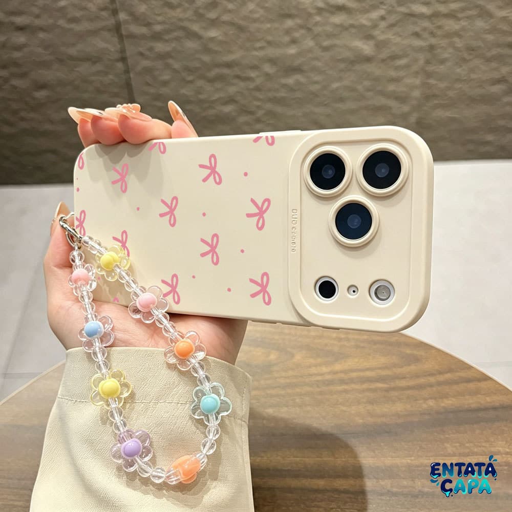 Capa com Proteção de Câmera para iPhone 17 Pro Max 16 15 14 13 12 11 XR XS 7 8 Plus Capinha de Laços Rosa Poá Fofa
