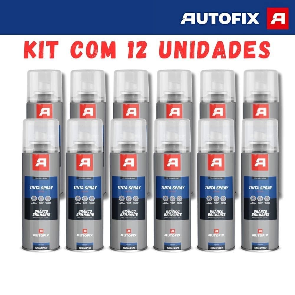 Kit com 12 Tinta Spray Uso Geral 400ml - Branco Brilhante Autofix