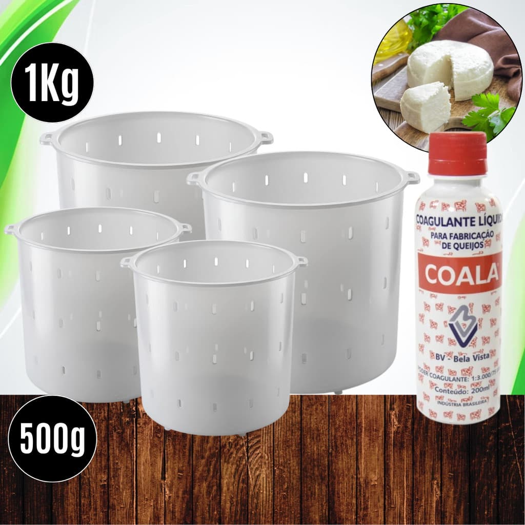 Kit Queijeiro Coalho BV 200ml + Formas 500g e 1kg (Especial e reforçadas) p/ queijos Minas Ricotas