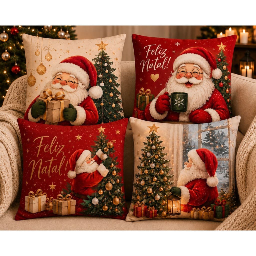 Kit 4 Capas de Almofadas 45x45 Natal Oxford Estampadas Decorativas natalina papai noel 2026