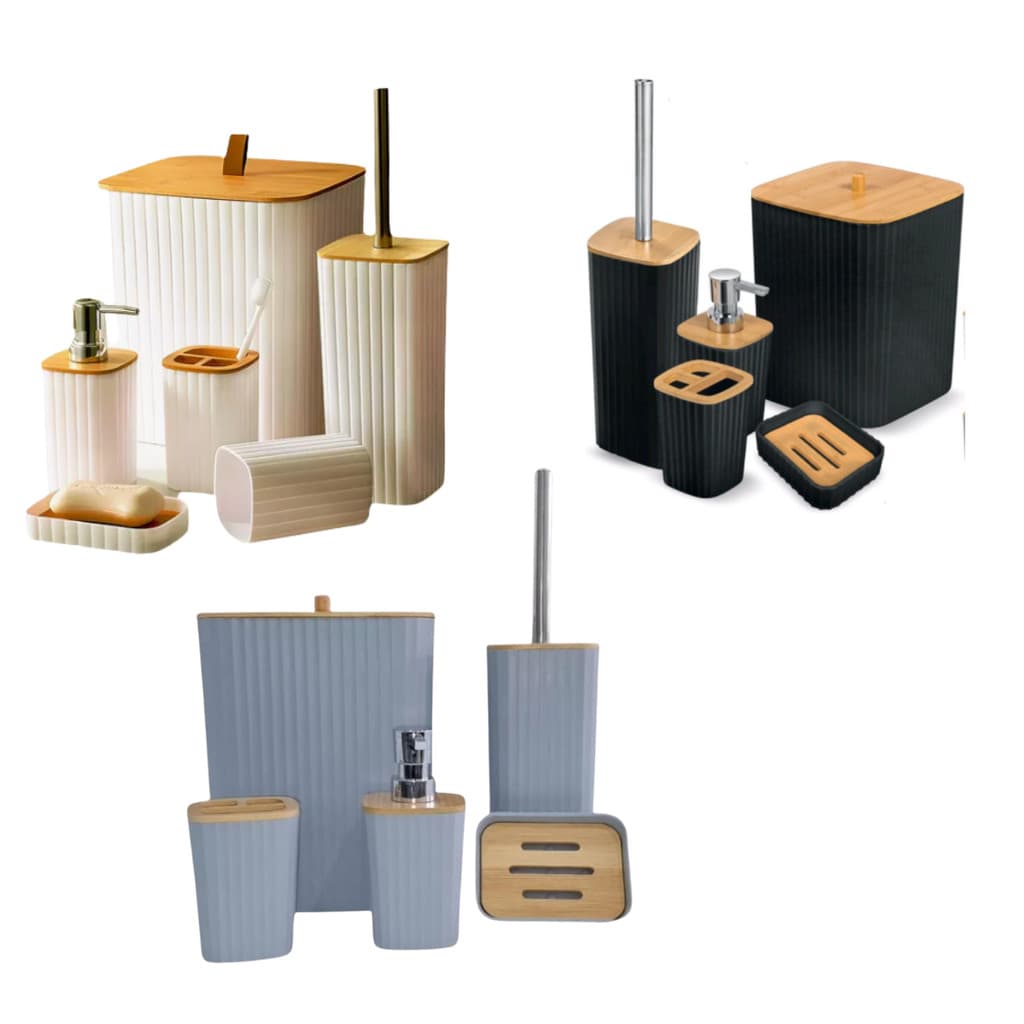 Kit Banheiro Completo 5 Peças Istambul em Bambu Elegante Para Lavabo e Area de Serviços