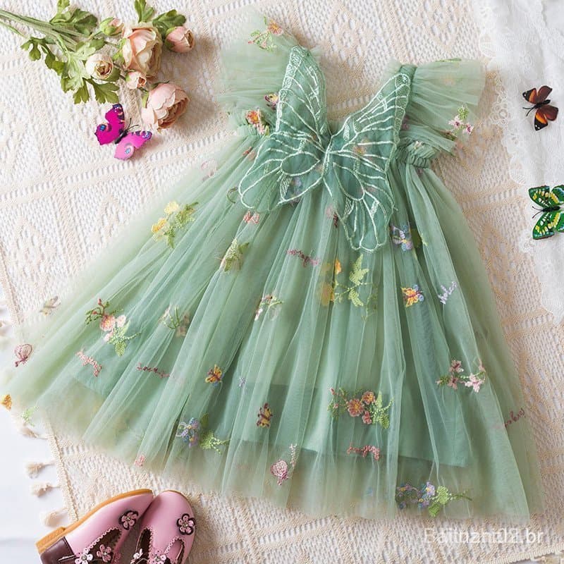 Vestido de Primeiro Aniversário para Menina, Decote de Tule com Borboleta 3D, Vestido de Princesa com Bordado Floral 4MV