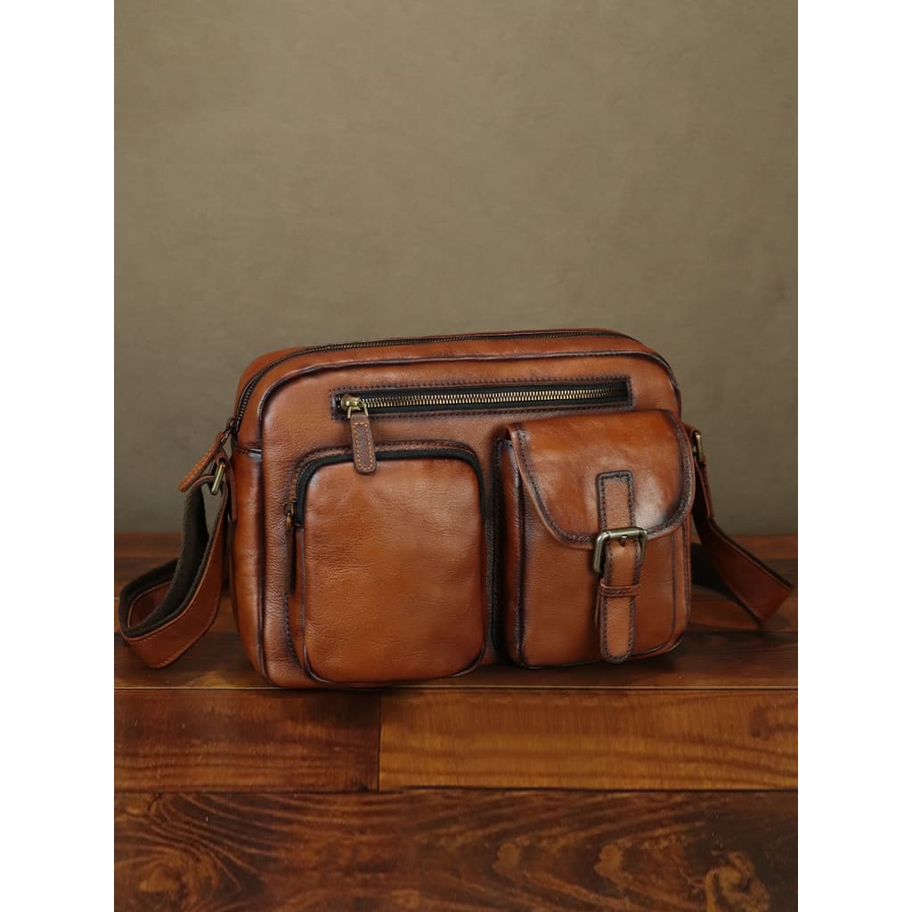 Bolsa de ombro masculina de couro genuíno genuíno bolsa mensageiro primeira camada de couro Retro bolsa de couro artesan
