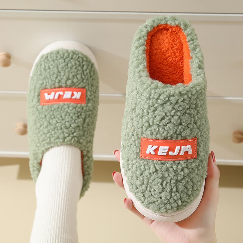 Novo estilo contraste cor chinelos de algodão feminino inverno pelúcia quente casa masculina antiderrapante lã de sola g