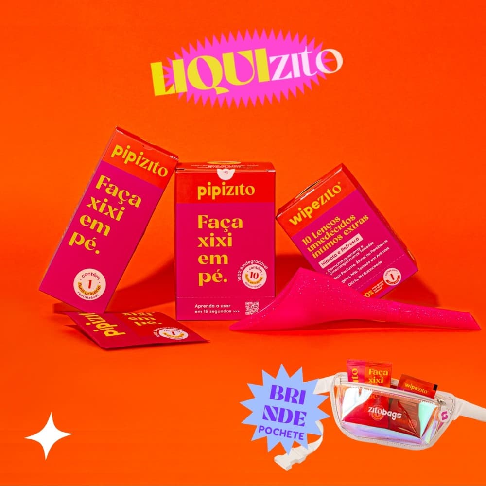 KIT LIQUIZITO: 1 Pipizito Reutilizável + 5 Pipizitos Descartáveis + 3 Wipezitos + Pochete (brinde)