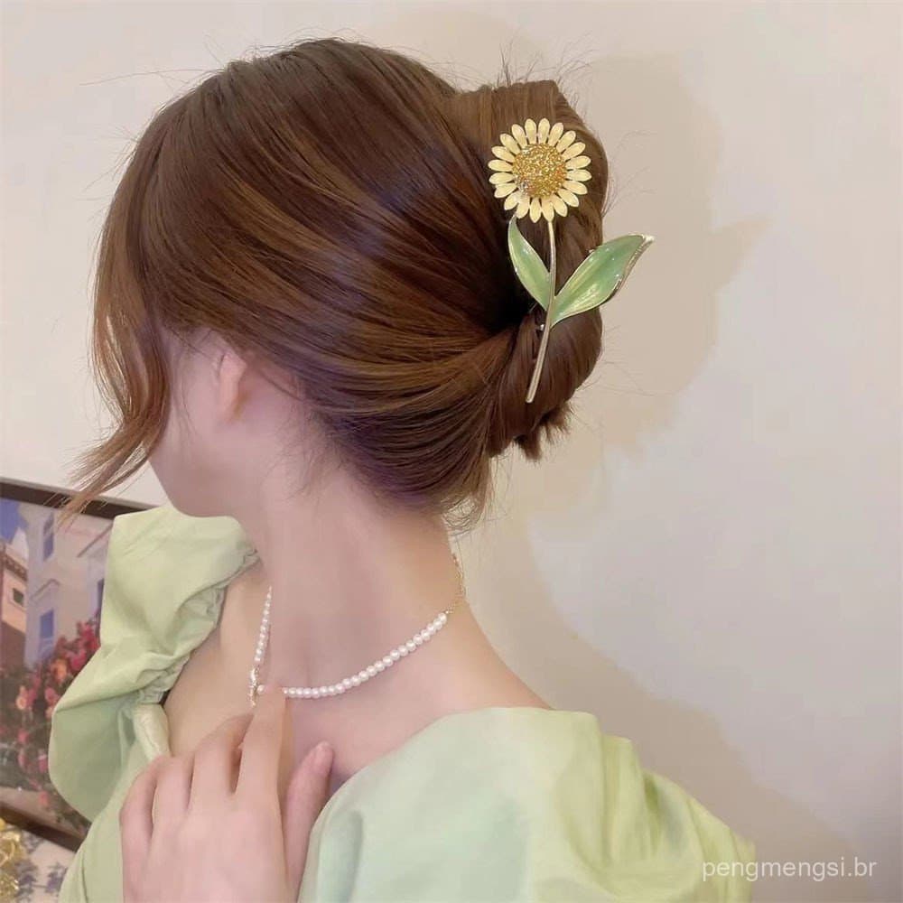Presilha de Cabelo de Metal Grande de Alta Qualidade com Flor de Girassol Estilo Japonês Coreano para Mulheres