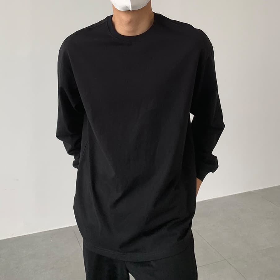 Americano pequeno decote puro algodão camiseta masculina costa ocidental Retro decote solto manga comprida cor sólida in