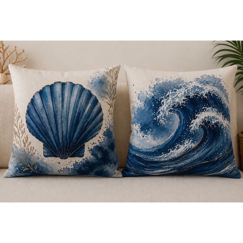 Kit 2 Capas de Almofadas tema MAR CONCHA PRAIA 45x45 decorativas