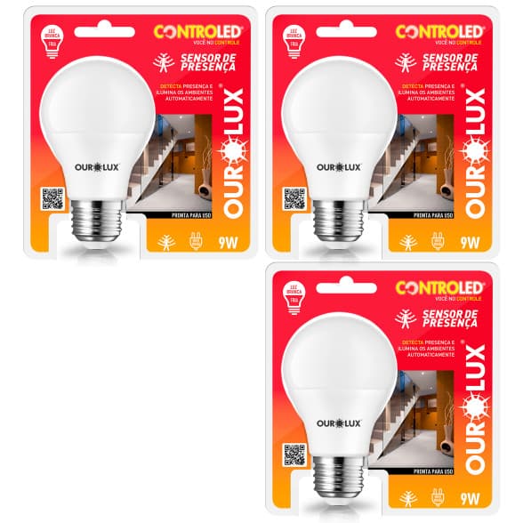 Kit 3 Lâmpada c/ Sensor de Presença Luz Branca Fria 6500k