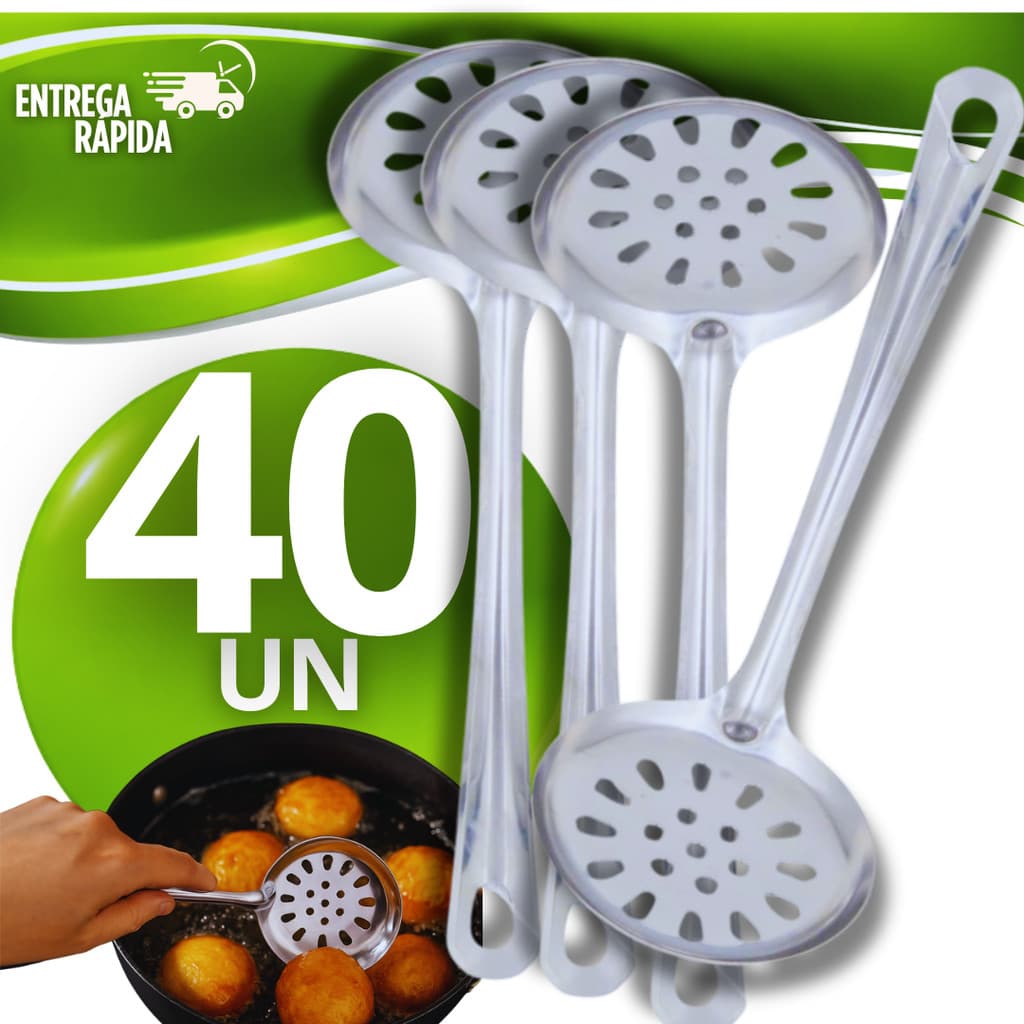 Jogo 40 Escumadeira p/ Fritura Arroz Massa Aço Inox 23,4 cm Festa Junina Arraia Cozinha Utensílios Acessório Fritadeira