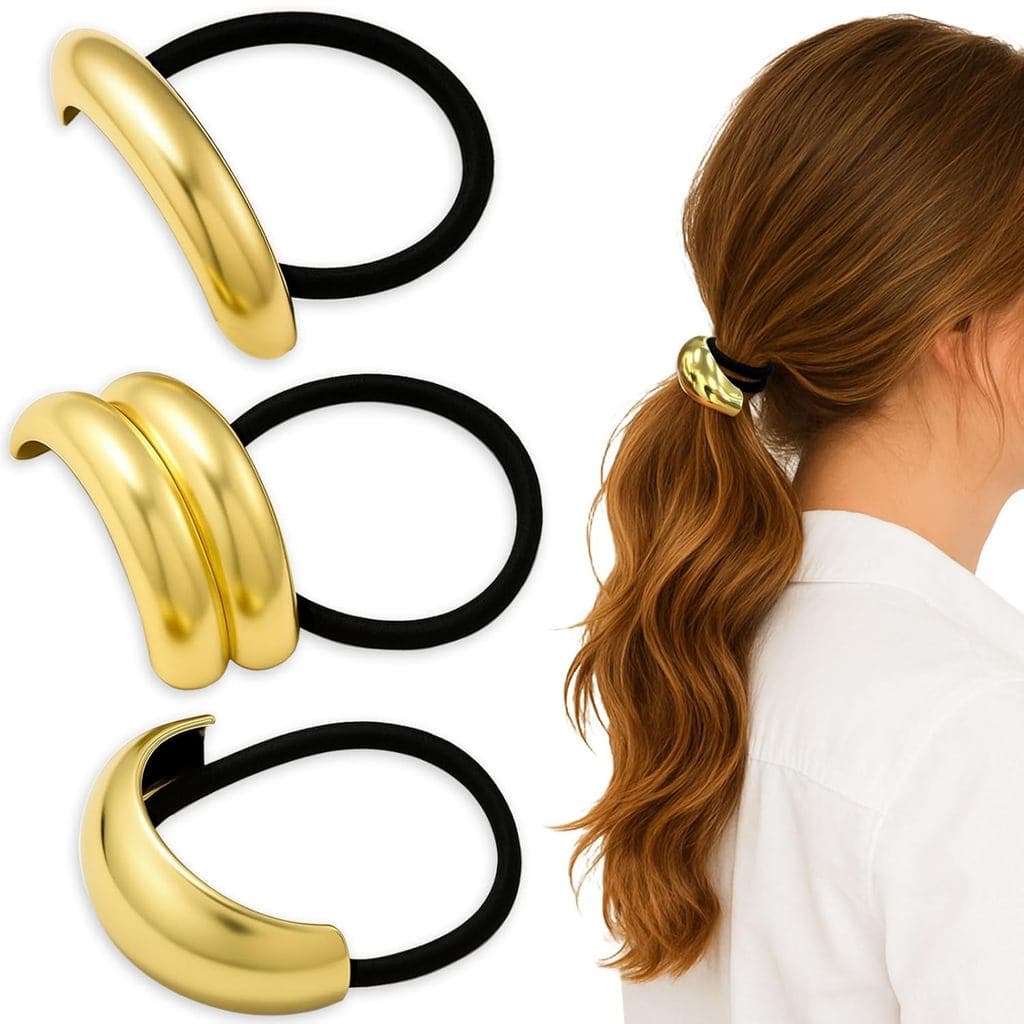 3 Peças De Faixas De Cabelo De Metal Dourado – Elegantes Suportes De Punho De Rabo De Cavalo Geométrico Para Cabelos Gro