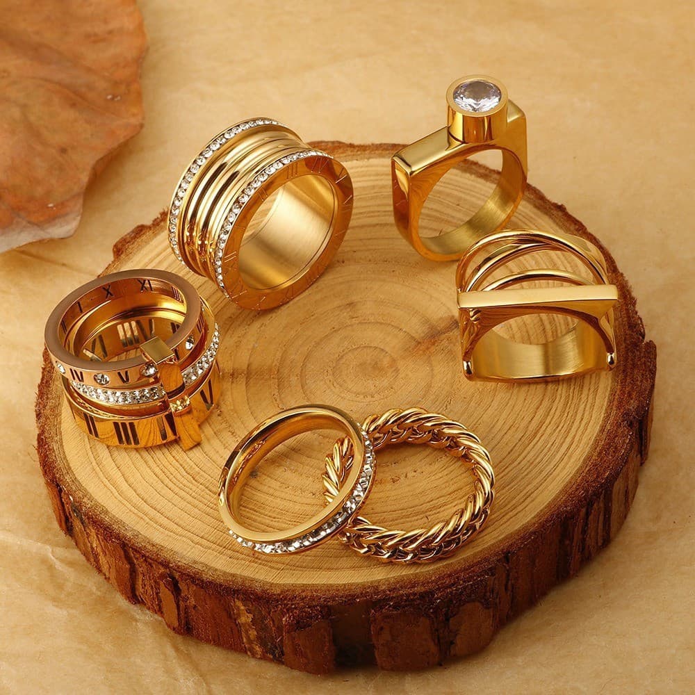Anel Aberto de Luxo Banhado a Ouro 18K com Diamantes, Anel de Aço Inoxidável de Alta Qualidade para Mulheres, Estilo DOX