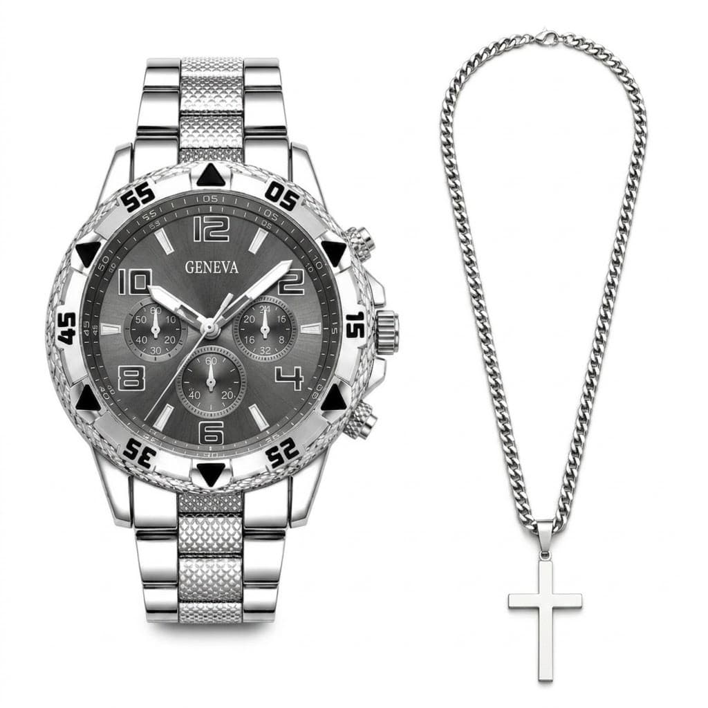 Relógio Analógico Masculino Prata Inox + Colar Cruz Aço
