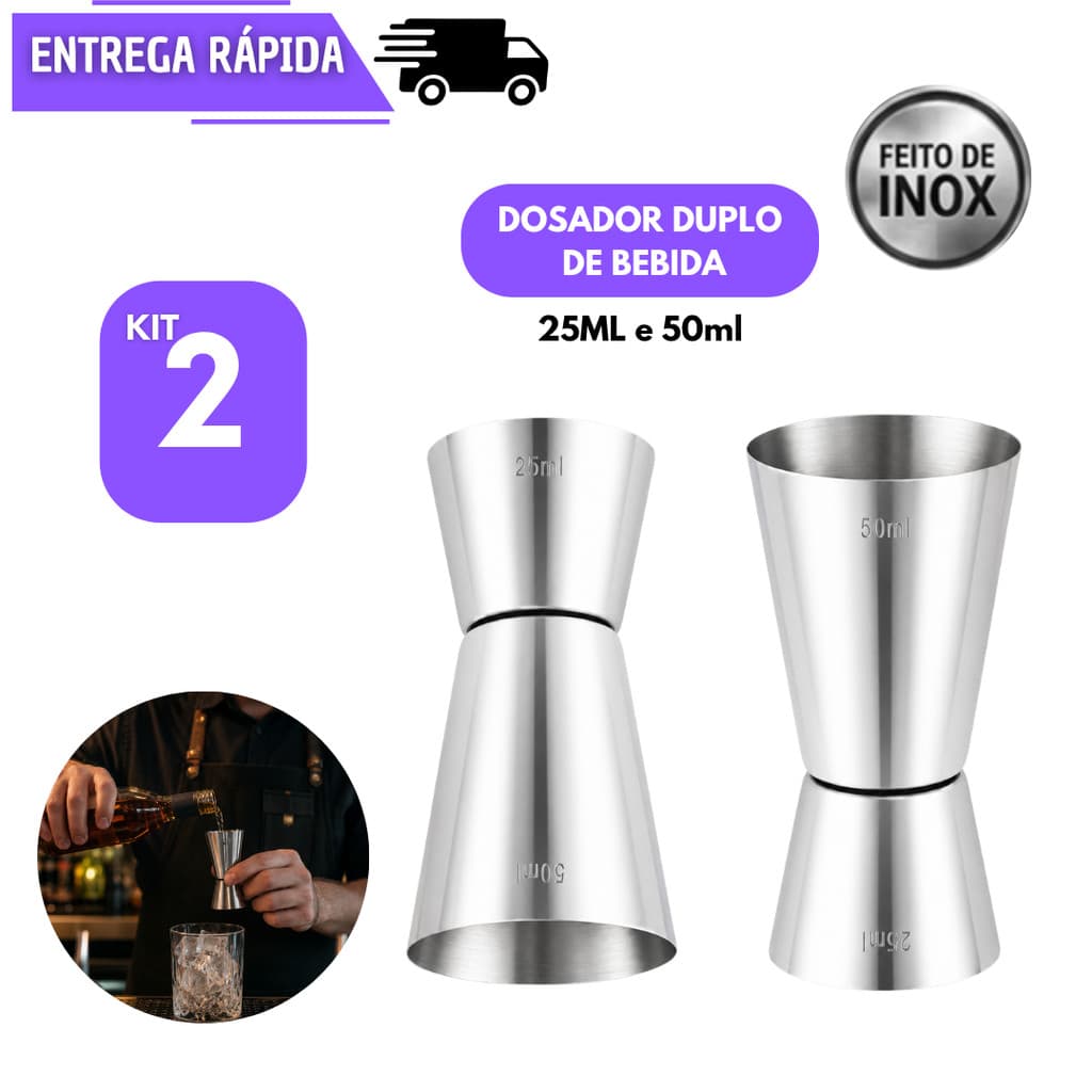 Kit 2 Dosador de Bebidas Aço Inox 25ml e 50ml Medidor Drinks Coquetelaria Coquetel Profissional Barman Dosadores Bebida