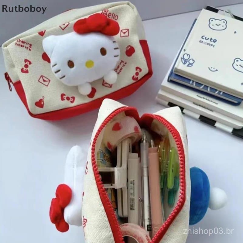 [Corte] Sanrio Hello Kitty Estojo De Lápis Boneca Kt Gato Fofo Saco De Cosmética De Grande Capacidade Papelaria Para Est