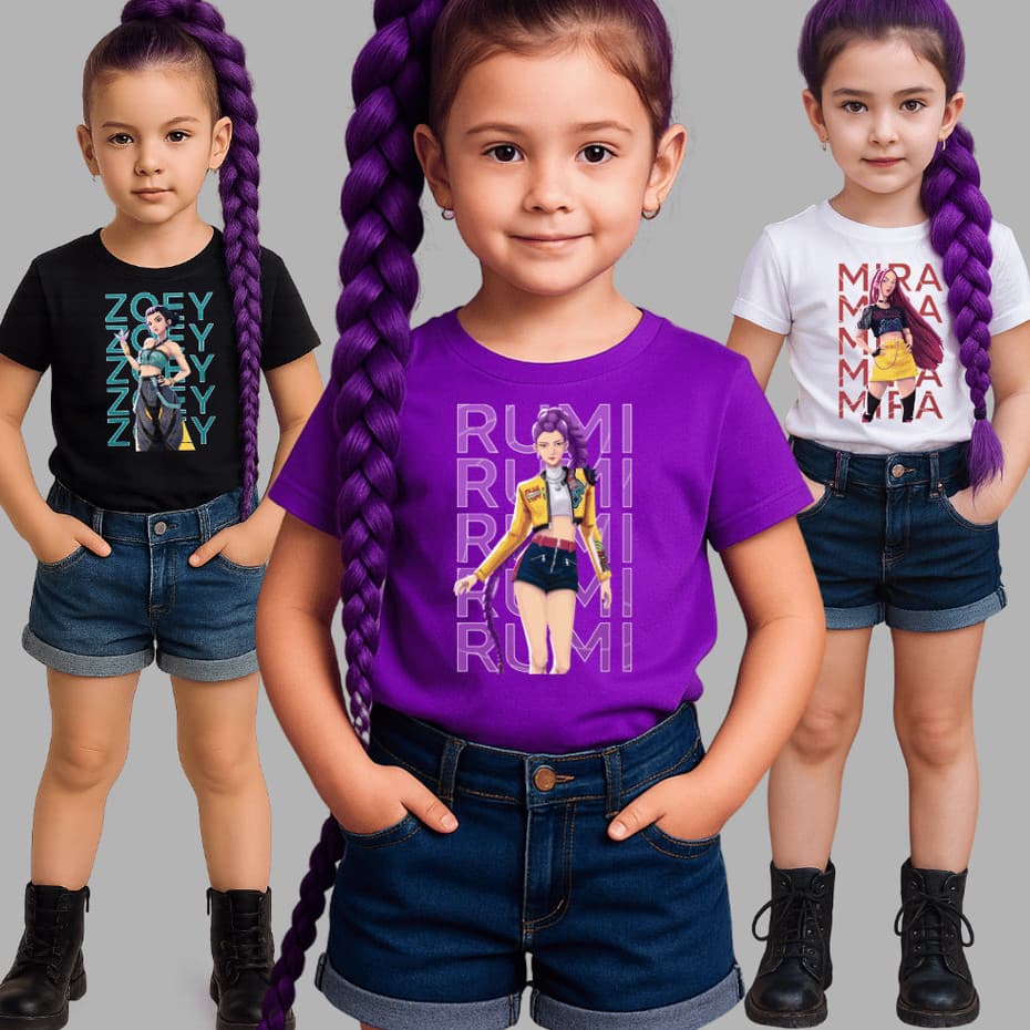 Kit com 3 Camisetas Huntrix PERSONALIZADA Rumi Zoey Mira Guerreiras K-Pop
