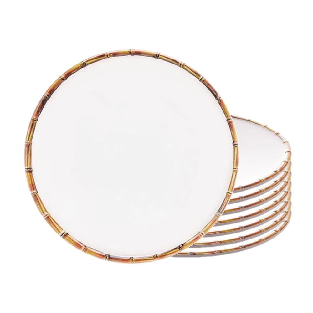 Jogo 8 Prato Raso Branco Borda de Bambu Melamina Branco Wolff 27cm
