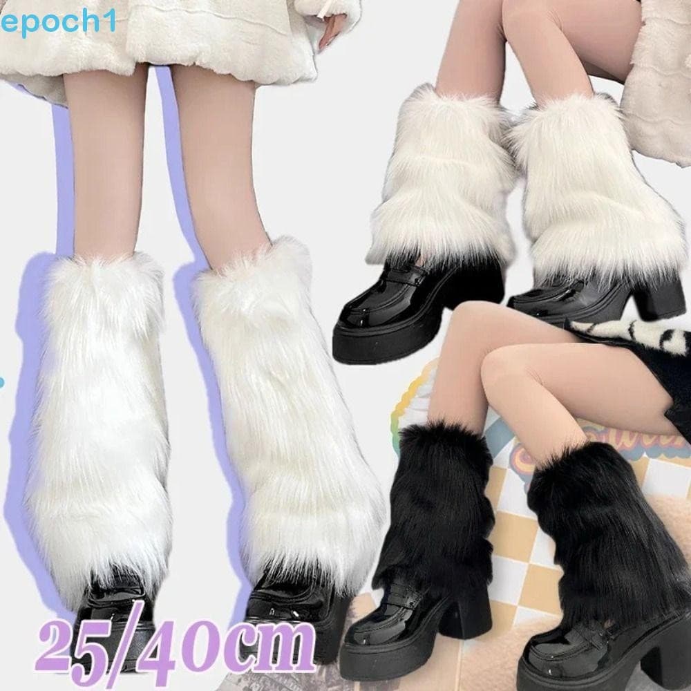 EPOCH1 Polainas Peludas , Capa De Botas Lolita Espessadas De Pele Sintética , Laço Branco Quente Y2K Longo Tubo Meia Fem