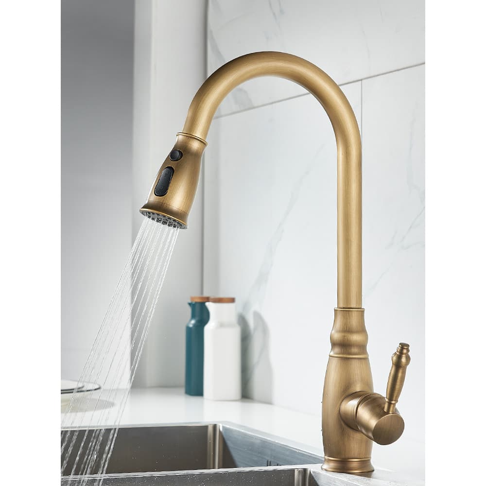 Todo o cobre antigo Pull-out quente e frio torneira da cozinha pia bacia vegetal retrátil rotativo multifuncional casa R