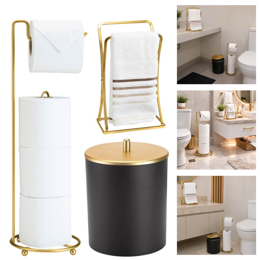 Kit Acessórios Banheiro Lavabo Elegante Moderno Dourado Preto Fosco Lixeira Toalheiro Papeleira