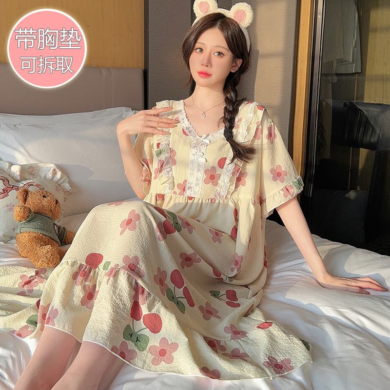 Pijamas femininos Plus Size 150kg verão estilo fino com almofada no peito bolha algodão manga curta camisola gordura mm
