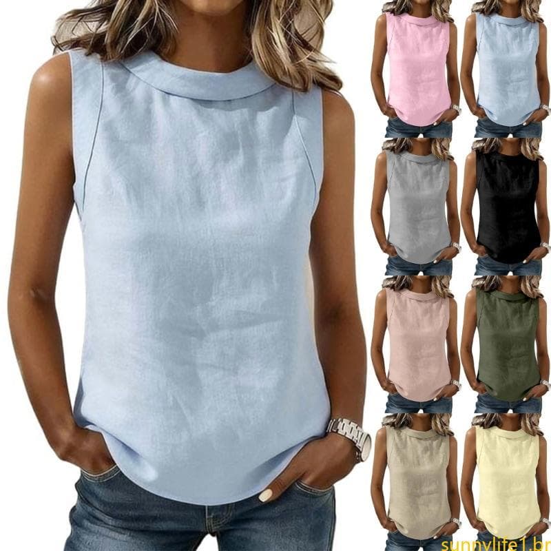 sun Camisa Feminina E Linho Mangas Casual Cor Solta Camiseta Blusas Colete