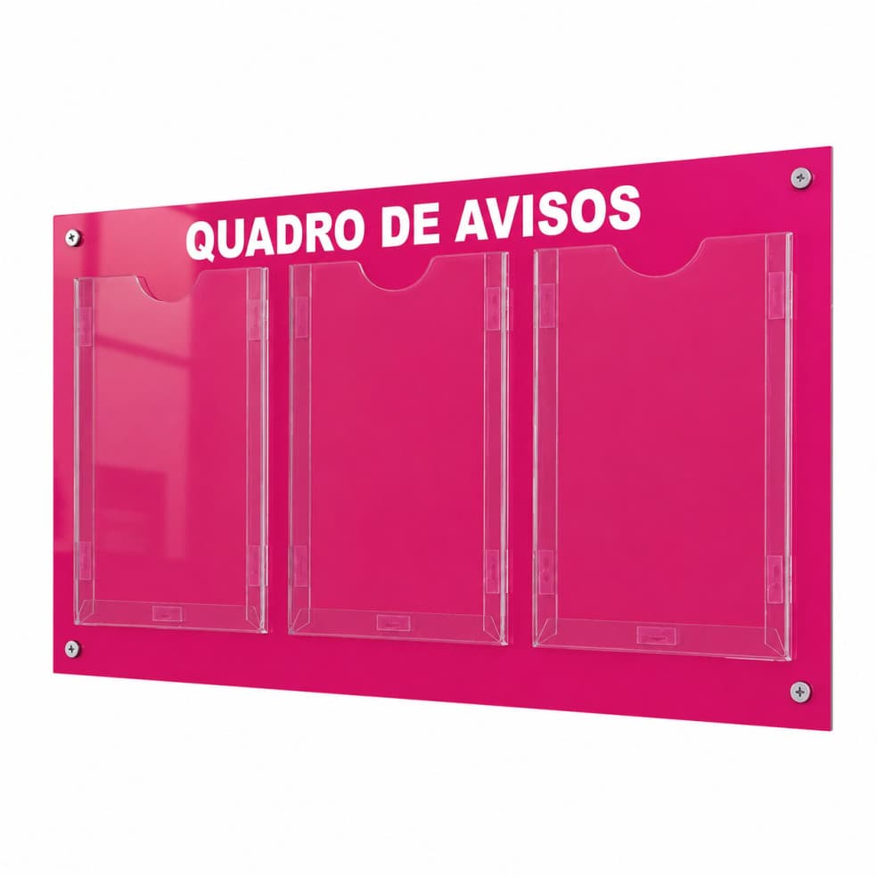 Quadro Avisos Gestão Á Vista Recados Mural Empresas 3 Displays Transparentes Folha A4 ACM Rosa Pink