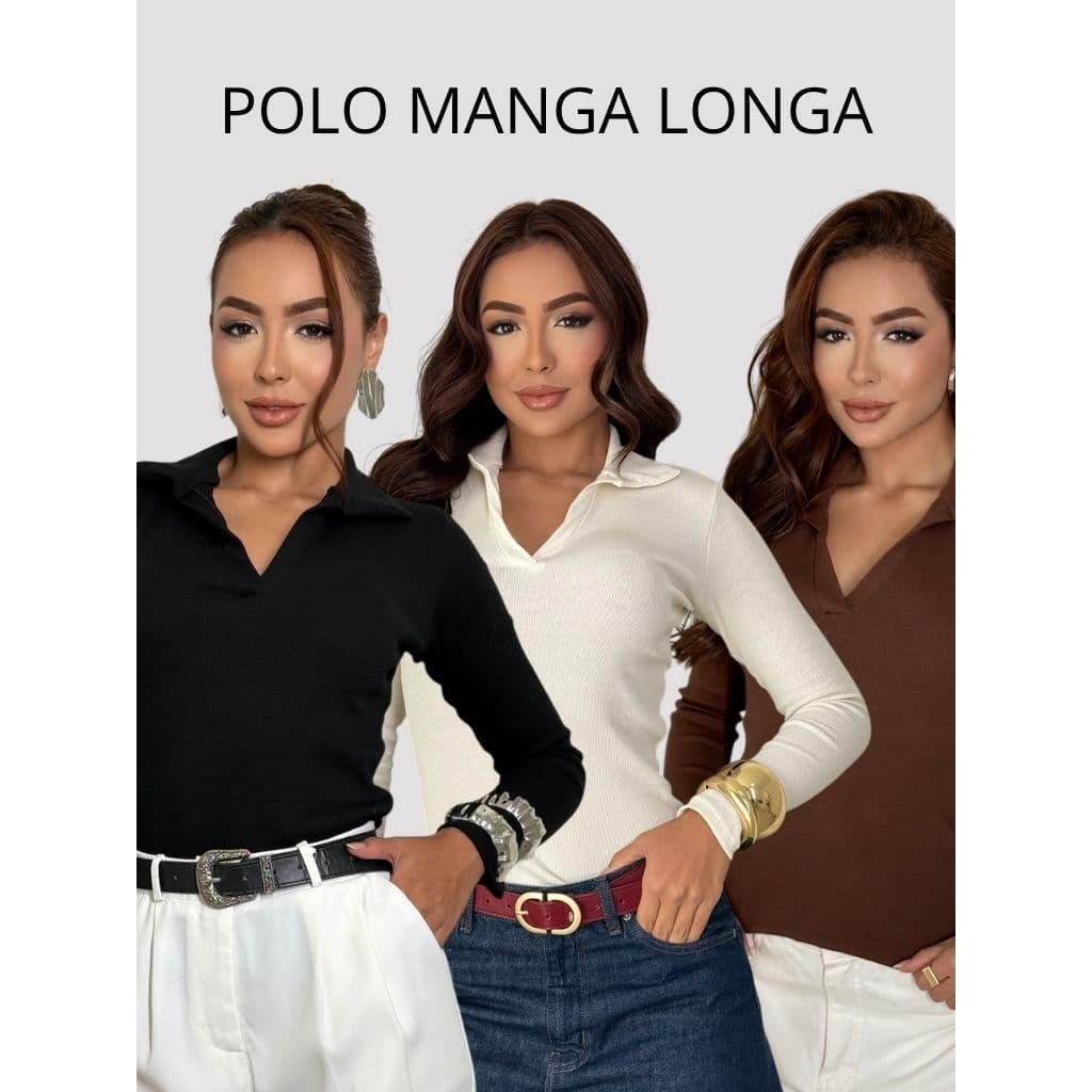 Blusa Feminina Canelada Manga Longa Gola Polo Básica Inverno ribana canelada Casual Look Trabalho