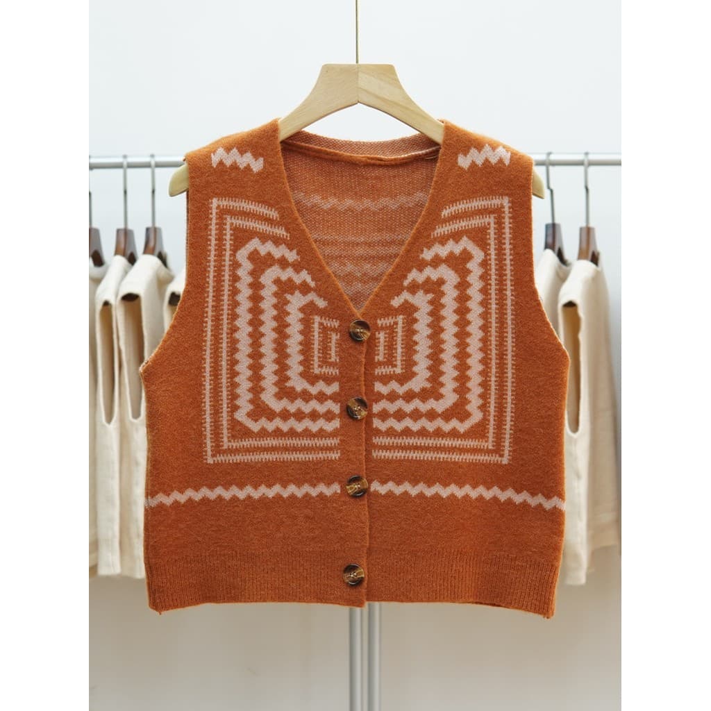 784 Retro com decote em V colete de malha feminino outono novo estilo nicho onda padrão camisola curta sem mangas colete
