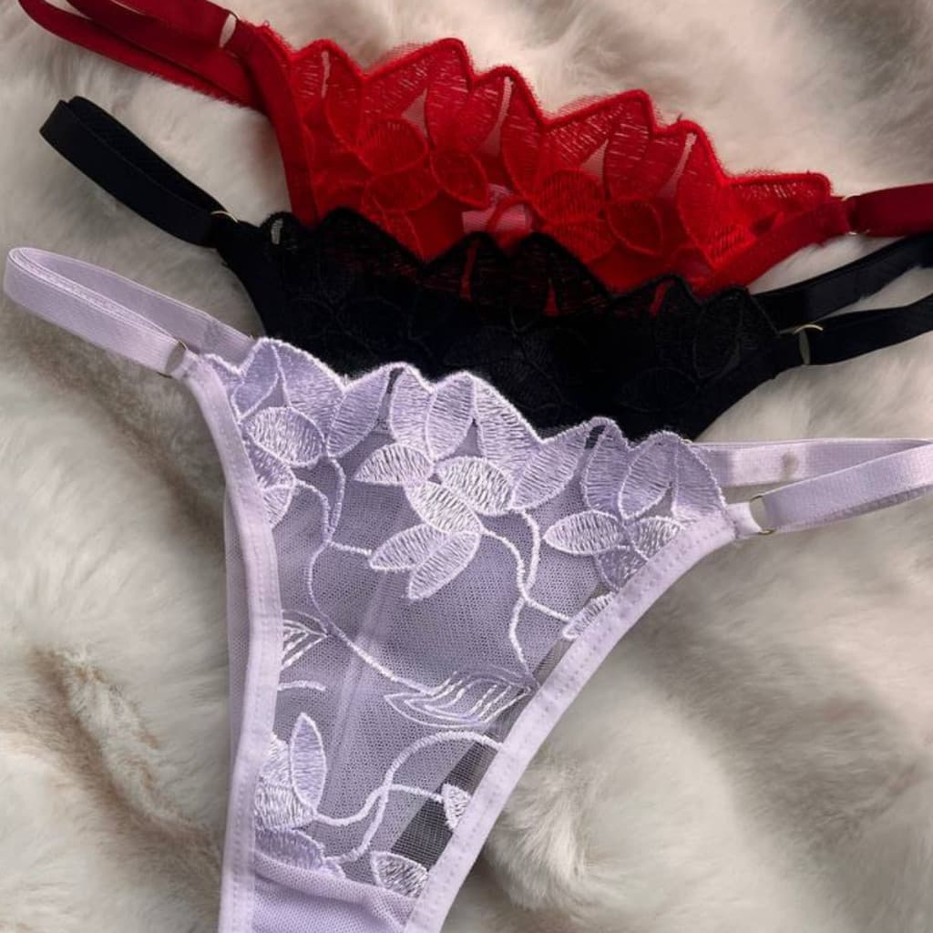 calcinha string tule bordado fio duplo regulagem lateral