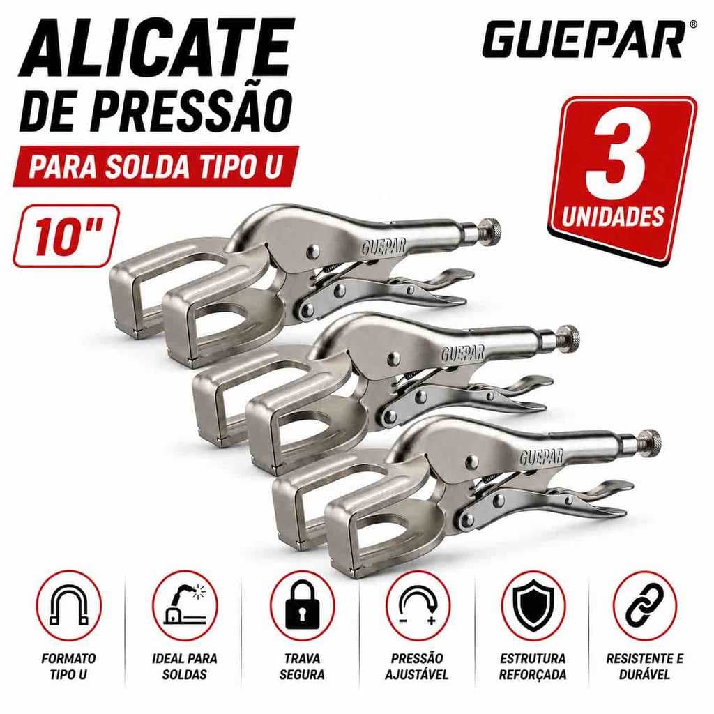 3 Unidades Alicate De Pressao Solda Tipo U 10" - Guepar