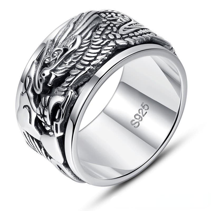 Anel De Prata Esterlina S925 Masculino Com De Dragão Auspicioso Giratório Retrô Rosto Largo Dominar O Dedo Novo Estilo D
