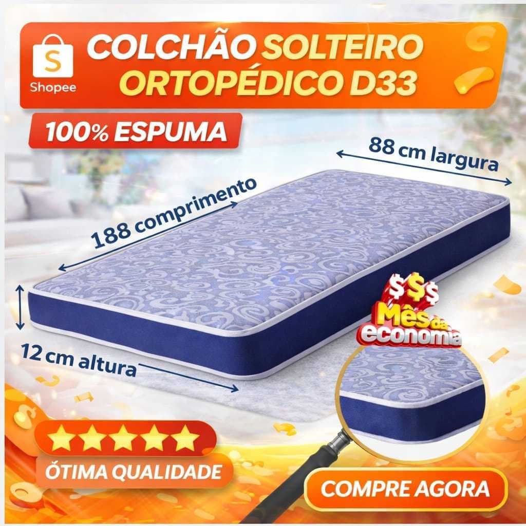 Colchão 100% Espuma Solteiro D33 Ortopédico 188x88x12cm Durável Acabamento PREMIUM - Envio Imediato