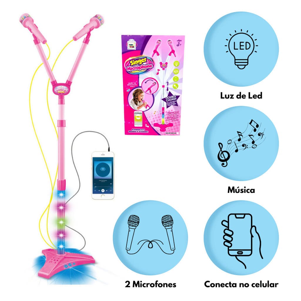 Microfone Duplo Infantil Com Pedestal Karaoke LED Conecta no Celular