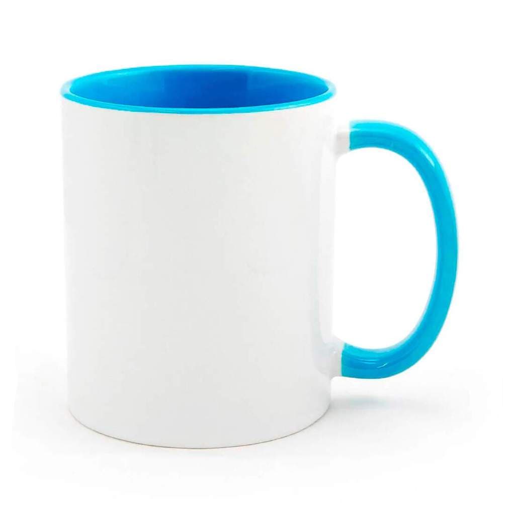 Caneca de Cerâmica Branca com Interior e Alça Azul Claro para Sublimação - 325ml